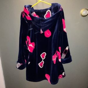 Betsey Johnson Hooded Short Plush Bathrobe Blush Lips and Shoes XS/S